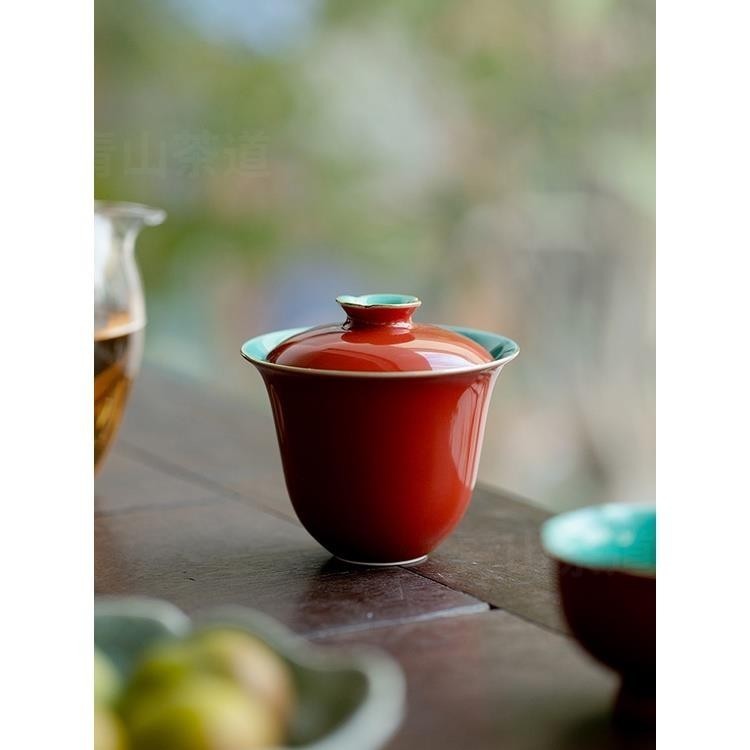 YUKI 故宮 紅蓋碗 茶杯 功夫 茶具 單個 二才 茶碗 帶蓋子 不燙手 陶瓷 泡茶碗