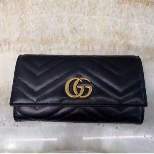 SG二手-Gucci GG Marmont 山形紋黑色掀蓋 女用 長夾 皮夾 黑色 拉鍊 扣子 真皮 443436