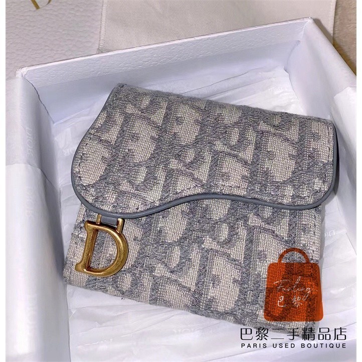 二手現貨 Dior 迪奧 SADDLE 刺繡老花 灰色 馬鞍 三折短夾 錢包 卡包 零錢包 錢夾 S5652CTZQ