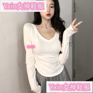臺灣熱銷🎀純欲風V領修身長袖T恤女 顯瘦辣妹風上衣 長袖T恤 長袖上衣 素色上衣Jun124