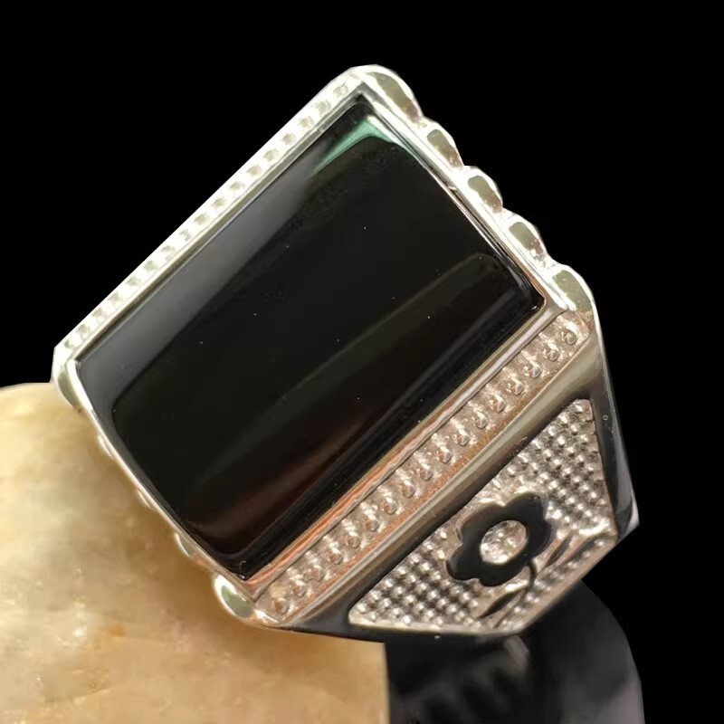 小眾個性戒指天然黑瑪瑙設計感時尚白金戒指 玉石鑲嵌可調男指環