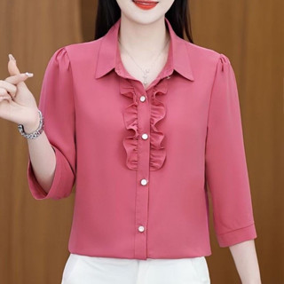 精品大碼媽媽冰絲皺襯衫高檔洋氣女上衣寬鬆小衫韓版七分袖媽媽裝大碼 大碼女裝 阿嬤衣服