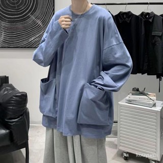 虧本清倉🥺秋季大口袋長袖T恤男ins港風韓版寬鬆純色百搭打底設計感上衣潮 FHXW