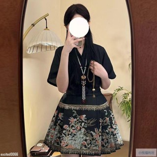 新款🔥馬面裙短版 馬面裙日常 S-L 漢服女 2024 漢服改良 飛機袖 新中式 短版馬面裙 日常套裝01F