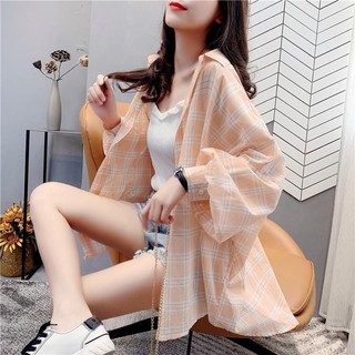 SY夏季新款雪紡襯衫長袖防曬衣格子襯衫女長袖翻領襯衫韓版上衣寬鬆中長款薄開衫外套上衣