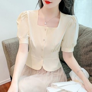 法式方領泡泡袖短袖雪紡襯衫上衣女夏新款夏季別緻短款小衫媽媽裝大碼 大碼女裝 阿嬤衣服
