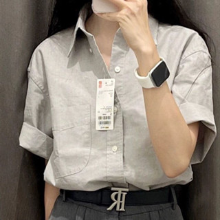 灰色純棉短袖襯衫女|春夏季薄款設計感小眾寬鬆襯衫衣|法式高階感上衣