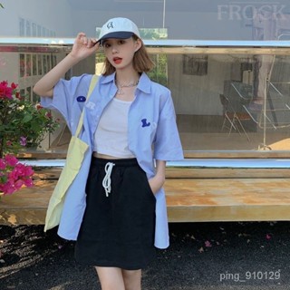 【FROCK】新款條紋襯衫女設計感字母短袖寬鬆半袖上衣 寬鬆上衣 防曬襯衫 薄款外套 寬鬆襯衫 短袖襯衫 防曬上衣