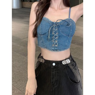 臺灣出貨 顯身材~牛仔吊帶上衣女帶胸墊背心美背辣妹抹胸2024新款短款上衣 吊帶背心 顯瘦上衣 內搭背心 短版背心 無袖
