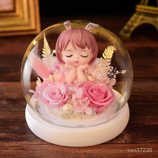 【熱銷】七夕情人節禮物公仔永生真花玫瑰玻璃罩送女友生日禮物成品擺件 畢業禮物 乾燥花束 永生花LED 永生花