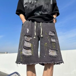 破洞牛仔短褲 男新款夏季 設計感小眾 寬鬆大碼 闊腿五分褲 潮牌vibe褲子 夏季街頭風 大褲衩慵懶風 男生穿搭 鬆緊腰
