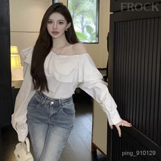 【FROCK】露肩長袖襯衫新款氣質設計感荷葉邊白襯衣 薄款外套 內搭襯衫 外穿襯衫 防曬衫 性感上衣 短款襯衣 長袖襯衫