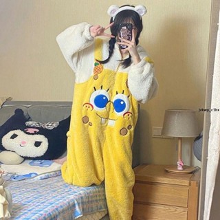 睡袍 睡衣 卡通海綿寶寶珊瑚絨連體睡衣女冬季加絨加厚可愛風連體睡袍家居服