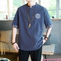 臺灣出貨亞麻短袖t恤男夏季中式上衣中國風男裝唐裝短袖胖子大尺碼棉麻衣服熱銷