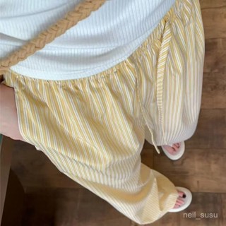 【限時特賣】長褲女 女生褲子 寬褲 運動褲 冰絲長褲 高腰褲 顯瘦長褲Ins風夏季復古慵懶風小清新豎條紋闊腿寬鬆拖地薄款