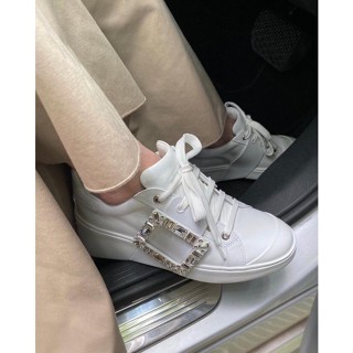 精品二手正品 Roger Vivier Viv Skate水鑽方扣白色皮革 厚底休閒鞋滑板鞋