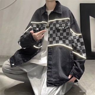 🔥臺灣熱賣🔥牛仔夾剋春秋男複古工裝棊盤反光條牛仔外套ins翻領老爹紐扣寬鬆外搭夾剋美式 高街 穿搭 OZSO