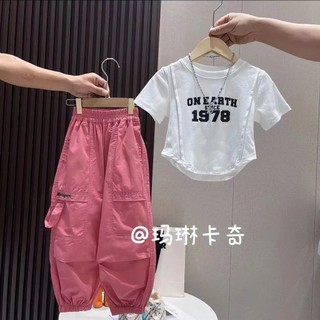 Mimo⭐女童夏裝套裝夏季套裝中大童印花短袖薄款工裝褲兩件套