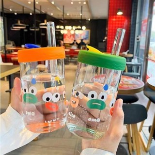 新竹免運♕耐熱耐高溫水杯 隨行吸管杯牛奶早餐杯 環保杯玻璃吸管 果汁杯 ins可愛卡通飲料玻璃杯 咖啡杯