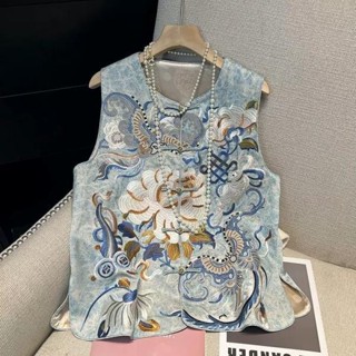 夏裝新款新中式國風薄款防曬馬甲圓領重工刺繡盤扣無袖坎肩背心 新中式 馬甲外套 中國風馬甲上衣 民族風馬甲 中式復古馬甲