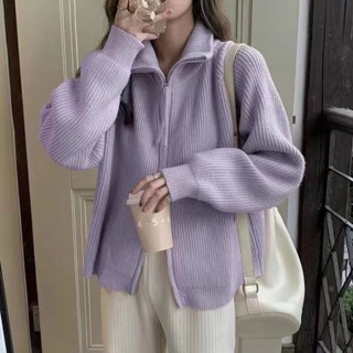【Sweet Oversize】2024年新款春秋翻領高領雙拉鏈毛衣外套女加厚韓係外套針織開衫