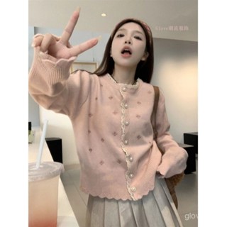 🌷臺灣出貨🌷Glove 韓係甜美 刺繡蕾絲邊 毛衣外套女 秋季2024新款 寬鬆短款 長袖針織開衫 針織外套女 上衣