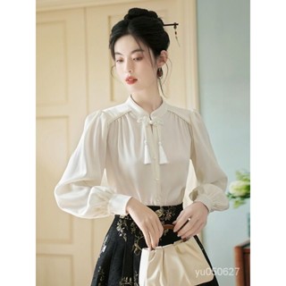 襯衫女 長袖襯衫 襯衫女 長袖襯衫 新中式國風漢服長袖襯衫女2024春秋新款搭配馬麵裙的襯衣白色上衣