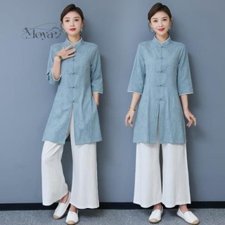 民國復古女裝禪修居士服秋季中式唐裝文藝禪意茶服採耳養生工作服 大尺碼T恤 長袖上衣 民族風上衣 禪意茶服 文藝T恤 盤扣