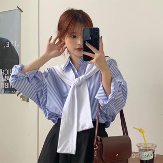 條紋襯衣女 複古上衣 港味襯衫 寬鬆長袖上衣 女襯衫 中長款襯衫 長袖襯衫 襯衫上衣 襯衫 藍色襯衫 襯衫女 polo衫