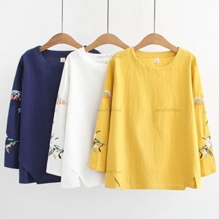秋季新品🍂大尺碼上衣 純棉刺繡長袖 大碼打底衫 T恤複古女裝白色上衣 早秋上衣 長袖女 圓領上衣 寬鬆上衣 女上衣