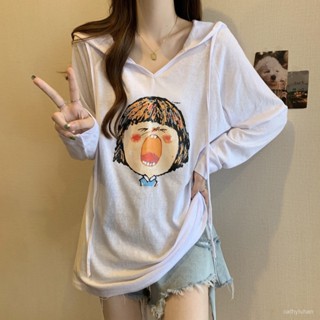 ✨優選大碼✨翻薄連帽連帽T恤大碼卡通印花連帽長袖T恤女夏季2024新款女裝寬鬆顯瘦防曬衫上衣