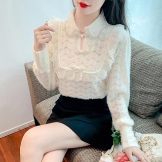 雪紡長袖上衣女 新款長袖女襯衫2024秋冬爆款上衣蕾絲雪紡衫直筒釘珠蕾絲領小衫女 薄長袖上衣 女生防曬雪紡襯衫 春秋長袖