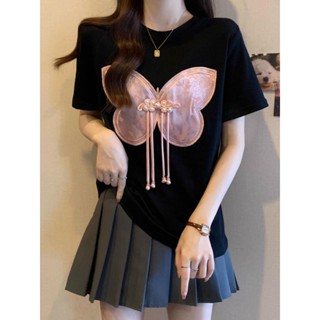 新中式蝴蝶刺繡短袖T恤女夏季大碼胖mm顯瘦正肩體恤國風盤扣上衣媽媽裝