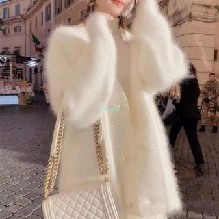 七木林🌈秋冬新款珍珠扣毛衣外套 水貂毛外套 女生中長款寬鬆慵懶大衣 水貂絨針織小外套 百搭寬鬆遮肉上衣 長袖厚外套