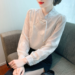 新中式立領長袖雪紡襯衫女秋款秋季新款簡約百搭女士襯衣上衣 新中式 中國風上衣 長袖襯衫 復古 國風襯衫 襯衫女 大尺碼
