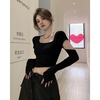 溫馨✨早秋 3色 小性感方領袖子鏤空顯瘦短版外穿打底衫 ins墊肩上衣 長袖T恤 打底衫 T恤