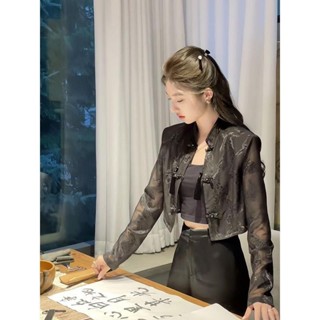 中國風上衣女 新中式國風西裝外套女春秋新款高階感防曬襯衫休閑寬松百搭上衣潮 新中式上衣 長袖襯衫女 大尺碼春秋長袖女