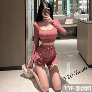 【YW】韓版辣妹套裝 緊身連帽短款長袖上衣+高腰休閒短褲 兩件式套裝 短褲套裝 性感女生套裝
