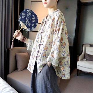 中國風上衣女 中國風女裝薴麻襯衫女春秋季盤扣開衫外套新中式棉麻上衣防曬衫夏 民族風上衣 文藝復古大尺碼古著襯衫女