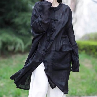 中國風上衣女 2024棉麻襯衫女原創設計寬松大碼中式防曬衣民族風薴麻襯衣薄外套 民族風上衣 文藝復古大尺碼古著襯衫女