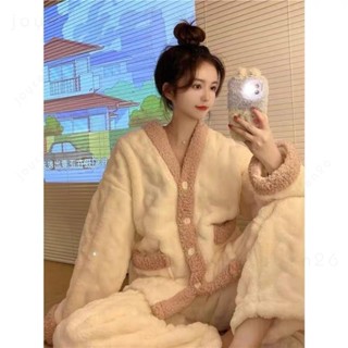 🔥限時下殺🔥珊瑚絨睡衣女冬天韓國ins簡約V領小外套法蘭絨刷毛加厚家居服可外穿睡衣套裝