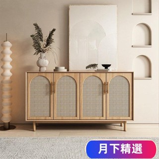 免運【熱銷】可開發票侘寂風實木藤編餐邊櫃傢用客廳四門收納櫃現代創意玄關櫃儲物櫃YX01