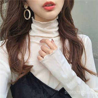 時尚衣大倉 韓版高領內搭親膚薄款網紗長袖上衣 女裝 衣服 寬鬆上衣 顯瘦上衣 長袖t恤 冬裝 素T 素色紗