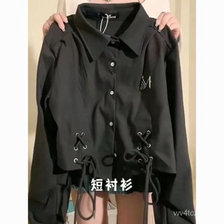 【VV】 太絶瞭叭!!!polo領長袖襯衫女INS設計感顯瘦短款襯衣
