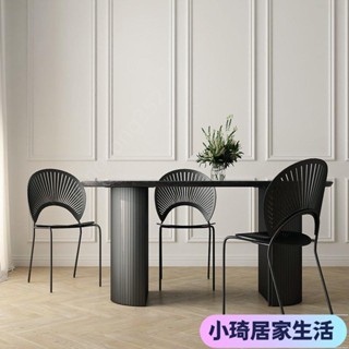 【熱銷】法式複古黑色實木餐桌桌椅組閤樣闆間大理石餐桌橢圓形中島臺桌子XQJX
