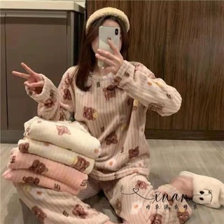 Xuan♥ 現貨現發🔥睡衣 睡衣套裝 印花 小熊 珊瑚絨睡衣 暖暖套裝 秋冬睡衣 居家套裝