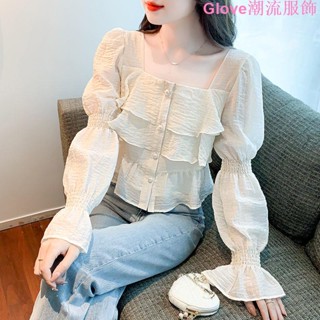 大尺碼~2023秋新款甜美法式設計感短款荷葉邊雪紡衫女顯瘦氣質燈籠袖上衣長袖上衣 長袖t恤 女裝 秋冬寬鬆上衣 顯瘦上衣