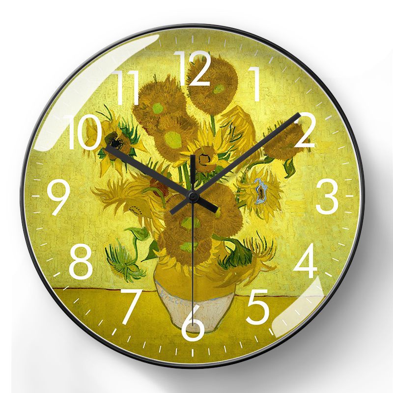 ⚡台灣熱賣⚡梵高油畫掛鐘向日葵時鐘名畫復古家用客廳裝飾電波鐘自動對時鐘表