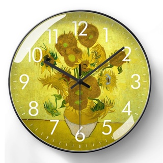 ⚡台灣熱賣⚡梵高油畫掛鐘向日葵時鐘名畫復古家用客廳裝飾電波鐘自動對時鐘表