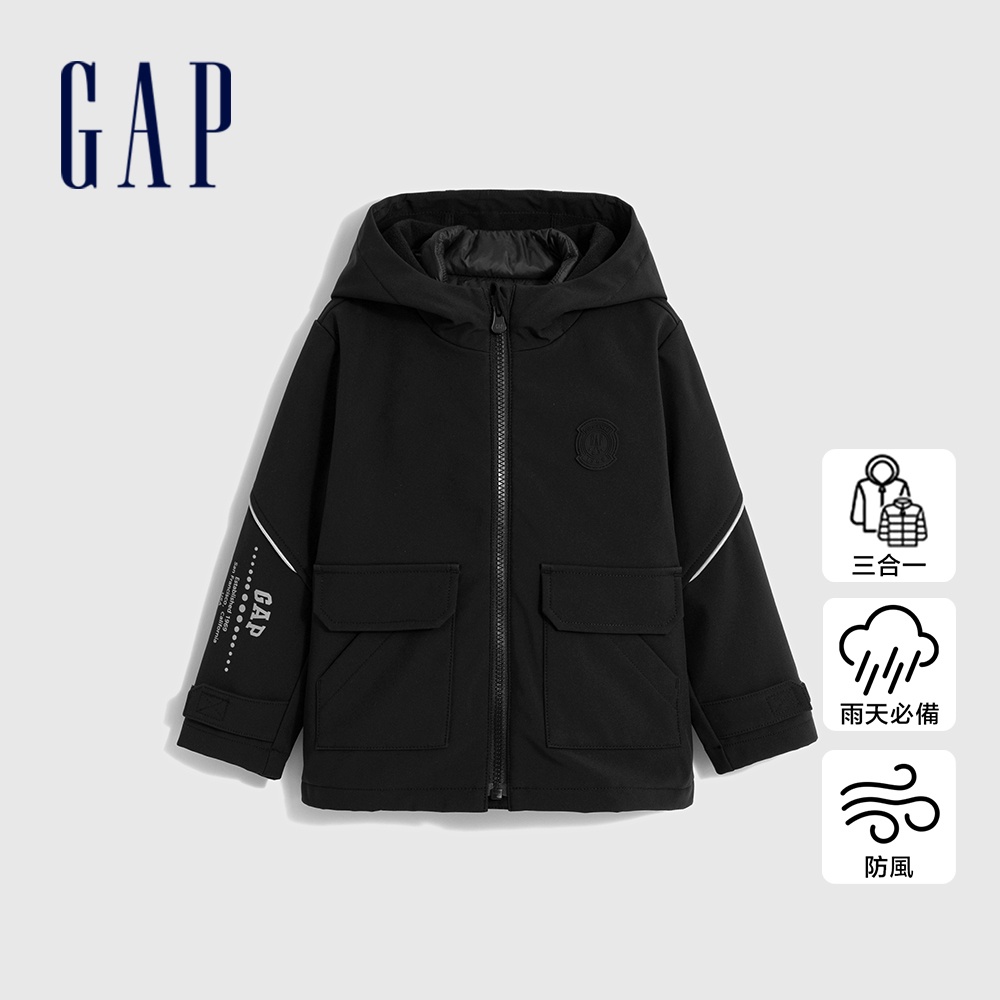 Gap 男幼童裝 Logo防風防雨三合一連帽羽絨外套-黑色(720778)